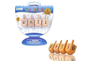 The Dreidel Company Let's Play Dreidel The Hanukkah Game 4 Natural Wooden Dreidels with Instructions for Chanukah, Instructions on Back of Blister Pack