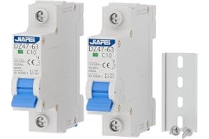 CNJIAPEI 2 Pack Miniature Circuit Breaker, 1 Pole 10 Amp, 120V/240V AC, Thermal Magnetic Trip MCB C10, DIN Rail Mount