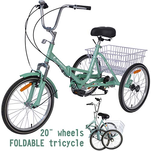 VANELL 20″ 7 Speed Tricycle Adult Trike Cruise Bike – Foldable 3 Wheeled Bicycle – with Large Size Basket Backrest Seat – for Women Men for Shopping Exercise Recreation (Mint, 20″)
