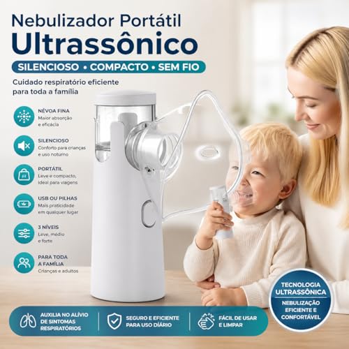 Nebulizador Portátil Ultrassônico Silencioso Sem Fio USB ou Pilha Névoa Fina Compacto para Crianças e Adultos