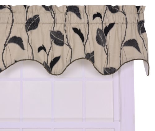 Ellis Curtain Riviera Large Scale Leaf and Vine Lined Duchess Filler Valance Window Curtain, Black