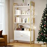 YITAHOME Bookshelf with Storage Cabinet, Modern Bookcase Standing 5 Tiers Book Shelves Display Rack with Doors for Bedroom Living Room Office, White Gold