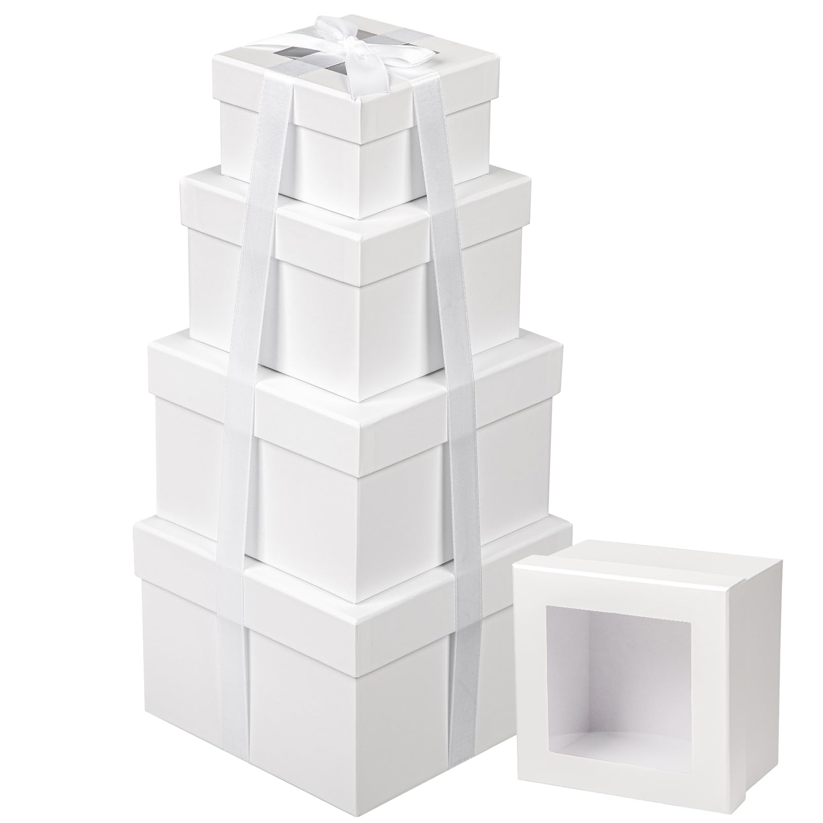 Briful Set of 4 Square Gift Box with Ribbon, White Gift Boxes with Clear Lids, Cardboard Gift Boxes for Presents, Small Storage Boxes Assorted Sizes, Suitable for Gifts Crafting Packaging Box