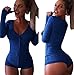 Moxeay Women's Long Sleeve Shorts V Neck One Piece Bodysuit Knitted Bodycon Rompers Onesie Pajamas (S, Royal Blue)