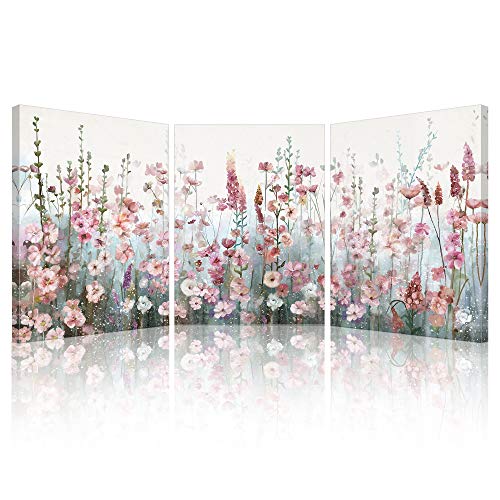SUMGAR Pink Floral Canvas Wall Art Wildflowers Pictures Bathroom Bedroom Set of 3 Colorful Flowers Romantic Blossom Artwork Paintings Modern Bloom Prints for Women Girl's Living Room Gift 30x40cm