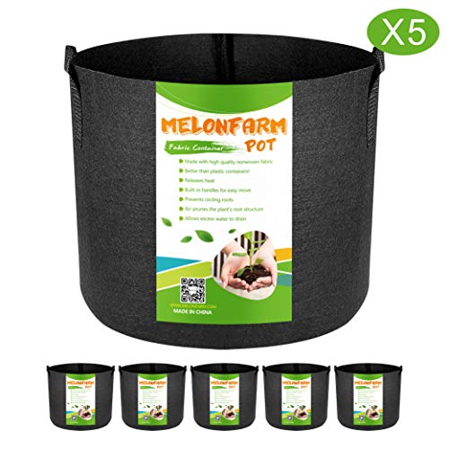 MELONFARM 5-Pack 5 Gallon Grow Bags Heavy Duty Thickened Non-Woven Plant Fabric Pots with Handles