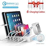 Soopii Quick Charge 3.0 60W/12A 6-Port USB Charging Station for Multiple Devices, 6 Short Charging Cables Included, I Watch Charger Holder,for Phones, Tablets, and Other Electronics,White
