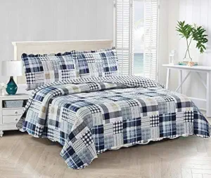 Brilliant Sunshine Blue Plaids Patchwork, 3-Piece Quilt Set, Reversible Bedspread, Lightweight Coverlet, All-Season, King, Blue