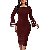 Wine Red Church Dress for Women Elegant Flared Sleeve Midi Pencil Dress Teacher Office Business Wear to Work Dresses,5996Wine Red_XX-Large