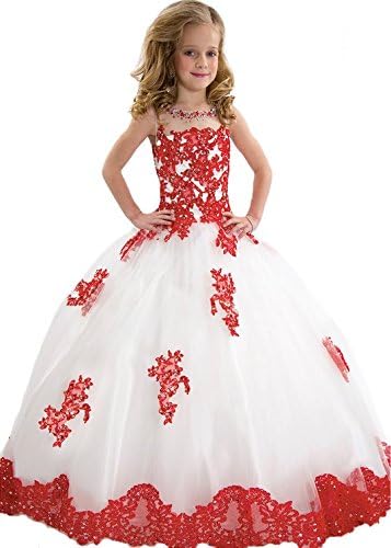 BFB Big Girls' Ball Gown Flower Appliques Wedding Pageant Dresses (12, White Red)