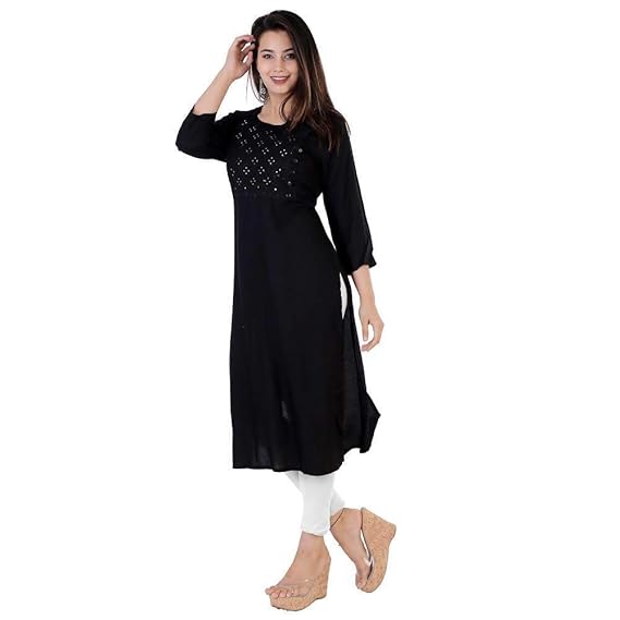 Women's Casual Embroidery Straight Black Kurti