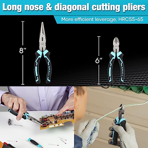 Shall 4-Piece Pliers Set, Pliers Tool Set, 6-inch Side Cutters, 8-inch Needle-Nose Pliers, Two-Tone TPR Handle, Roll-Up Storage Case Included