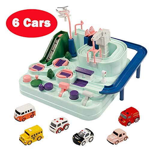 GEDIAO Car Toys Track Racer Race Cars Fun Toy Playset for Kids, Manual Operation Vehicles and Helicopter Track Through Level Game Set