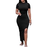 Womens Bodycon Maxi Dress Split Striped Ribbed Crewneck Short Sleeves Casual Sundress Solid Sexy Long Summer Dresses