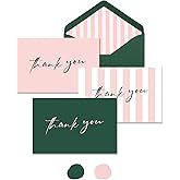 AZAZA Thank You Cards with Envelopes Striped 24 Pcs, Pink Thank You Cards Bulk Baby Shower Girl, Wedding Green and Pink Blank Notes for Bridal Shower