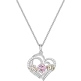 Miss mimi Mom Heart Necklace, 925 Sterling Silver Rhodium Plated Double Heart Pendant with Pink Cubic Zirconia & Two-Tone MOM Script, Adjustable 18″+2″ Chain