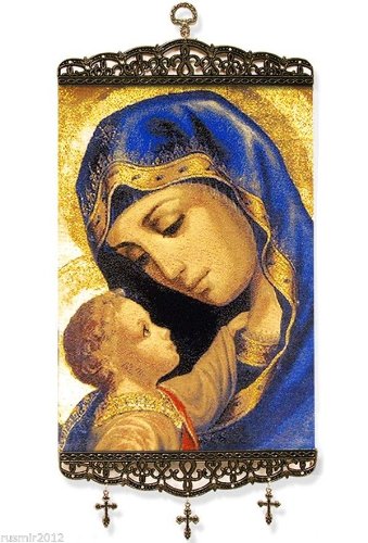 Madonna and Child Large Icon Banner with 3 crosses Tapestry Textile Art 17"