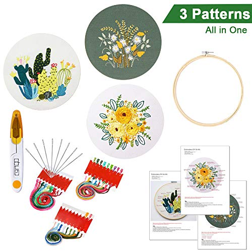 3 Pack Embroidery Starter Kit with Pattern and Instructions,Cross Stitch Set, Full Range of Stamped Embroidery Kits with 3 Embroidery Clothes with Plants Flowers Pattern, 1 Embroidery Hoops