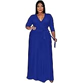 Runwind Plus Size Dresses for Women Floral Maxi Dress Flowy 3/4 Sleeve with Belt