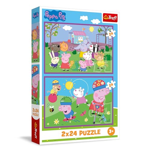 Trefl - Puzle 2en1: Peppa Pig, Peppa en el Parque Infantil - Puzle 2en1: Marvel, Spidey y los Dinosaurios - 2 x 24 Piezas, Set de Dos puzles para niños a Partir de 3 años