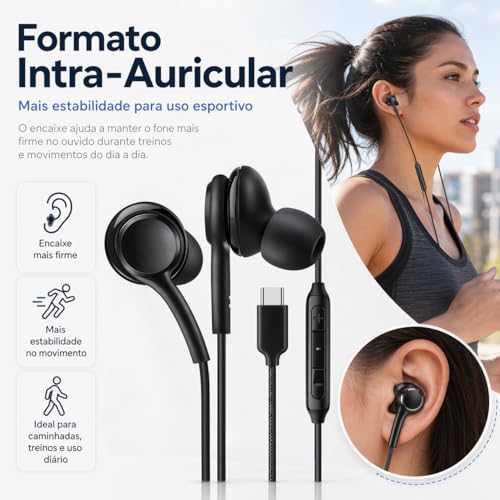 Fones De Ouvido Com Fio Tipo C Intra Auricular Microfone Integrado Compativel iPhone 15 15 Pro 15 Pro Max 16 16 Pro Max Com Fio Fones Estéreo Compatíveis ANDROID LG Qualidade Premium