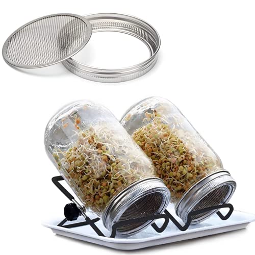 Beauenty Mason Jar Sprouting Kit-2pack 32oz Complete Wide Mouth Mason Jar Sprouting Kit with Stainless Steel Sprouter Lids,Stand &Tray,Sprouting Jars for Bean Broccoli Alfalfa Radish Sunflower Seed