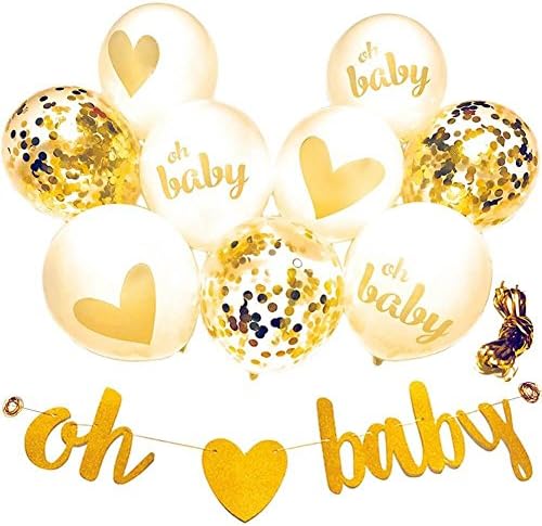 Baby Shower Decorations, Neutral Strung Banner, Gender Reveal, Party Supplies, Glitter Unisex Announcement Gender Party. (White, Gold, Confetti)