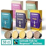 50 Fairtrade Flavored Espresso Capsules Compatible with Original Line Nespresso Pod Machines | Caramel Vanilla Chocolate Hazelnut Coconut Flavored Espresso Pods for Nespresso Capsule Machines