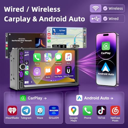 2 DIN Car Radio with CarPlay Wireless and Android Car, 7 Inch Touchscreen Screen, Bluetooth 5.0 Car Radio with Rear Camera, Mirror Link, Type-C, SWC, FM, EQ, GPS Navigation