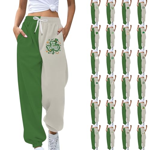 St Patricks Day Sweatpants Women Plus Size High Waisted Straight Leg Elastic Cuffed Irish Shamrock Sweats Green and White Pants Color Block Patchwork Saint Patricks Day Outfit