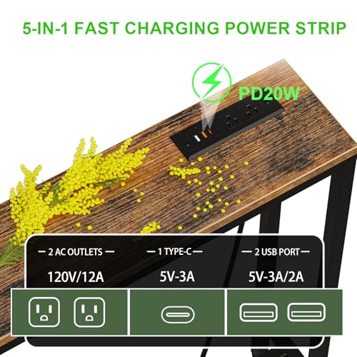 FLORIHOMA 260CM Behind Couch Table with 2 Fast Charging Stations, 18CM Narrow Skinny Sofa Table with 4 Power Outlets, 4 USB-A, 2 USB-C for Console Entryway, Rustic Brown