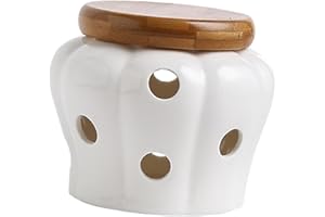 Ceramic Garlic Keeper, Pumpkin Shape Round Vented Hollow Collection, White