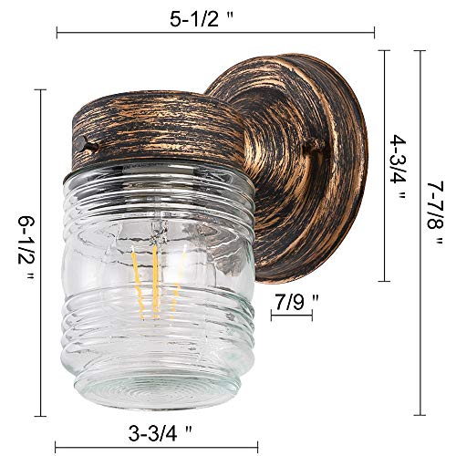 RUNNY Porch Wall Light Jelly Jar 1 Light Indoor/Outdoor Wall Light with Clear Ribbed Glass for Entryway Porch Patio, Black Gold Copper