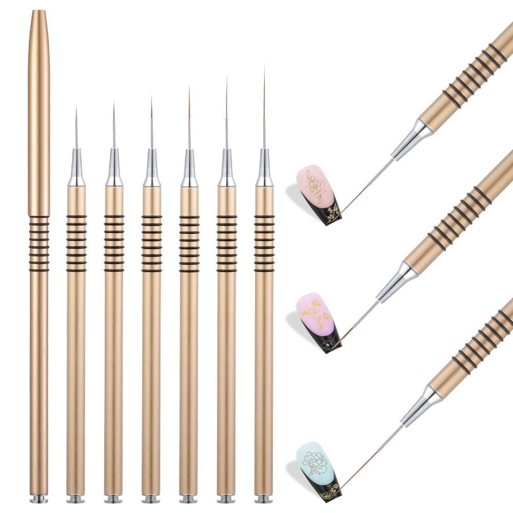 6Pcs Nail Art Liner Brushes Set,Fine Drawing Painting Details Design Striping Brush With Gel Polish Acrylic Handle Manicure Tools(5/7/9/11/15/25mm,Gold)