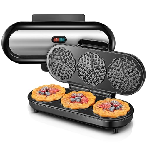 FOHERE King Size Waffle Iron, 15 Heart Waffles in 2 Minutes, Heart Waffle Iron with 3 Non-Stick Baking Surfaces for Classic Heart Wafers, Baking Tray, Stainless Steel, Ideal for Family & Party (Silver)