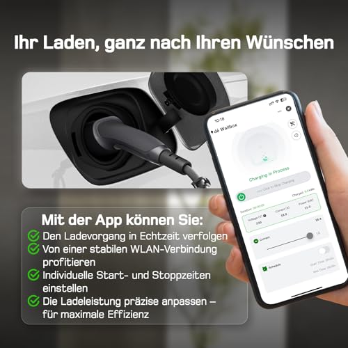 dé Mobile Wallbox 11 kW with App [10 m | 3-Phase | 6-16 A], Charging Cable E Car CEE-16A 400V to Type 2 with Adjustable Charging Power, EV Charger for ID.3/4/5/7, IX1, Model 3/Y and Other BEV/PHEV
