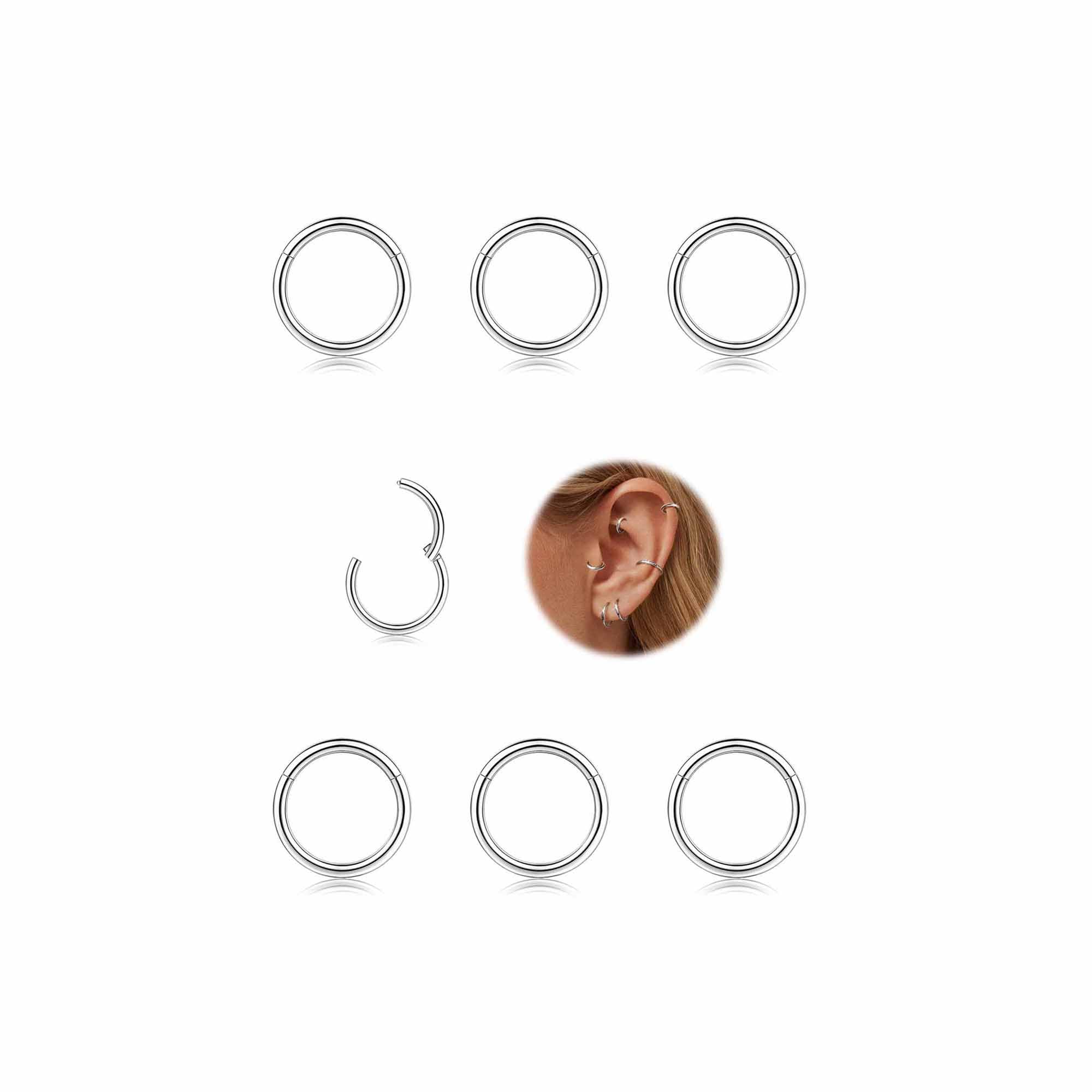 MILACOLATO Hoop Earrings Surgical Stainless Steel Sleeper Earrings Silver Nose Rings Cartilage Helix Tragus Daith Lip Piercing Jewellery Hinged Clicker Segment Rings for Women 18G 6/8/10/12MM