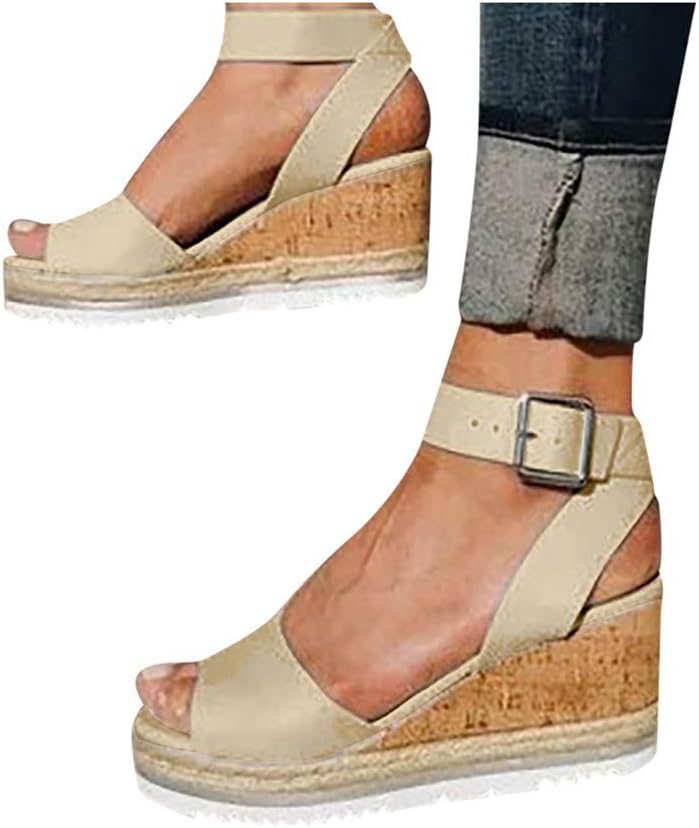 sweetnice Women Shoes Women's Wedge-High Sandals Strappy Open Toe Espadrille Ankle Strap Buckle Shoes