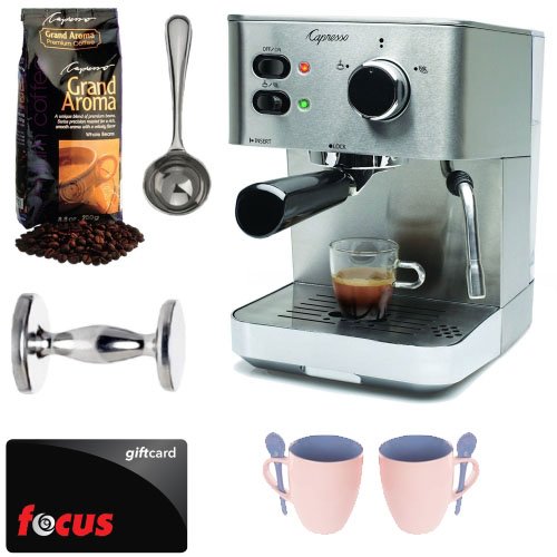 Capresso EC PRO 118.05 Professional Espresso & Cappuccino Machine with Grand Aroma Whole Bean Coffee (8.8oz),Espresso, Coffee Measure, ESPRESSO TAMPER (CD) with Two Coffee Mugs + $15 Focus Gift Card