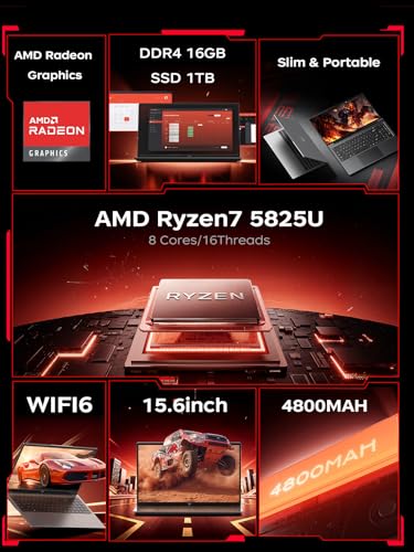 Tivique Laptop, 15.6 Inch Notebook, Ryzen 7 5825U, Up to 4.5 GHz, 16 GB RAM, 1TB SSD, NVMe PCIe 3.0, WiFi6, IPS 1920 x 1080, FHD Screen, HDMI