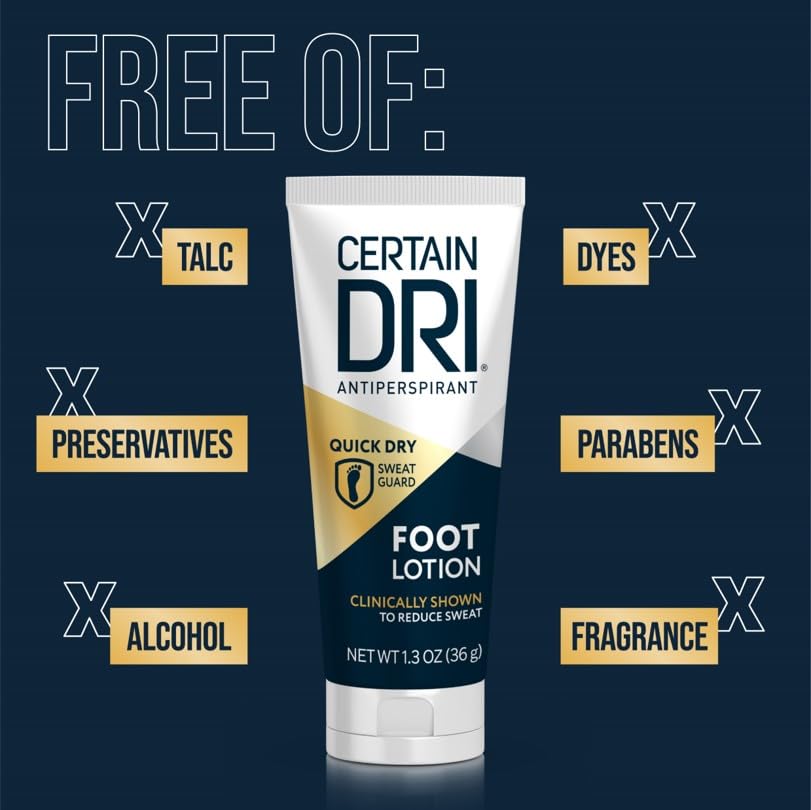 Certain Dri Antiperspirant Foot Lotion, 24-Hour Sweat & Odor Protection, Quick-Drying & Non-Sticky Formula, Dermatologist-Tested, Doctor-Recommended, 1.3 oz