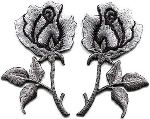 Silver Roses Pair Flowers Floral Goth Retro Boho Applique Iron-On Patch