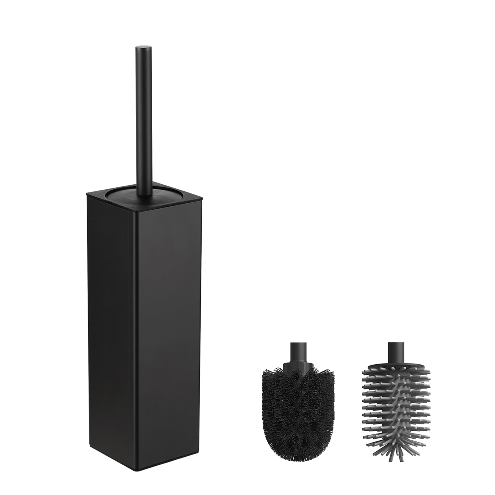 BVL Black Toilet Brush, Square Silicon Toilet Brush and Holder, Free Standing Toilet Brush Including 2 Quick Drying Brush Heads