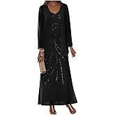 Qbnme 2 Pieces Mother of The Bride Dresses for Women with Jacket Sequin Chiffon Long Sleeve Formal Wedding Guest Dress
