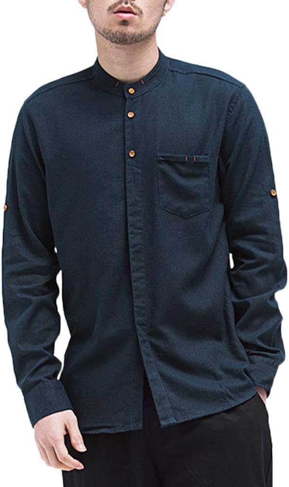 ZhuiKunA Mens Loose Soft Long Sleeve Top Plain Stand Collar Shirts