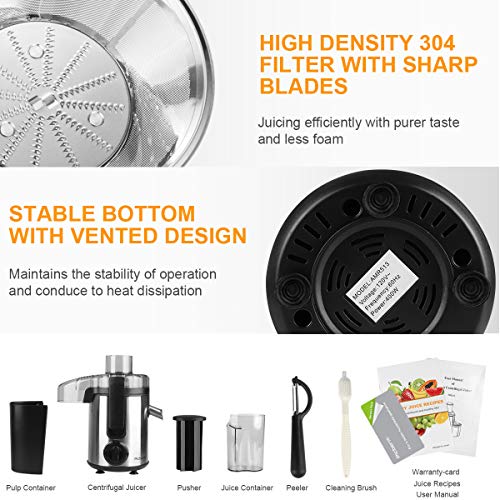 Juicer, Picberm Centrifugal Juicer Machines Easy to Clean, Wide Mouth Juice Extractor with Peeler, Brush & Recipes for Fruits and Vegetables, Dual Speed Stainless Steel BPA-Free Juicers Dishwasher Safe, 400 W - Thumbnail 5