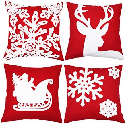 Sykting Christmas Pillow Covers for Farmhouse Winter Holiday Decorations Throw Pillow Covers with Embroidery Reindeer Sledge Snowflakes Red and White 18x18 inch Set of 4