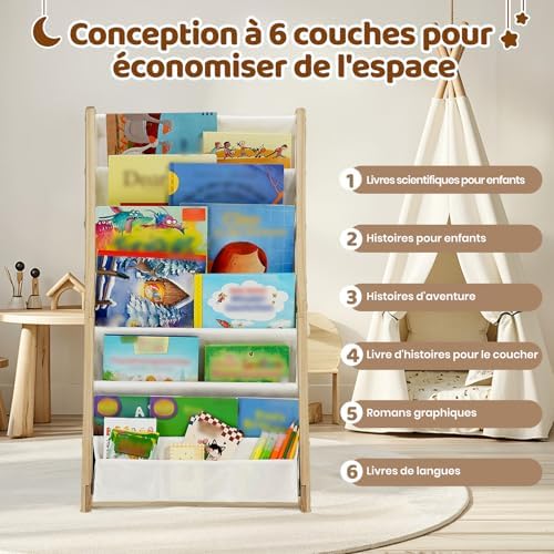 Bibliotheque Enfant en Bois Massif à 7 Niveaux - Etagere de Rangement pour Livres - Présentoir Livres Bebe avec Design Stable - Meuble Montessori pour Chambre d’Enfant (42.5 cm, Naturel)
