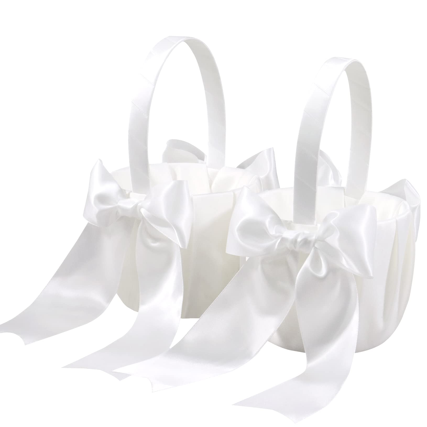 2Pcs Flower Girl Basket for Wedding, Wedding Basket with Satin Bow Wedding Ceremony Party Decor, Beige