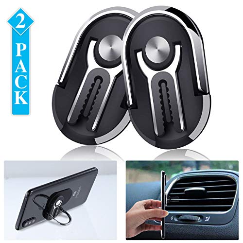 Cell Phone Ring Holder Stand, 3 in 1 Multipurpose Mobile Phone Bracket, Phone Metal Ring Holder use for Universal Car Air Vent, 360°Rotation & 90°Flip (2 Pack - Black)